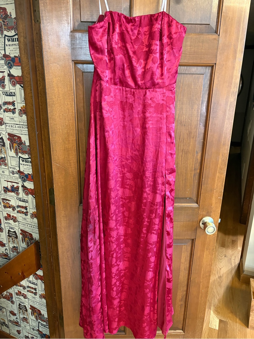 Lulu's Strapless Floral Satin Maxi Dress in Red